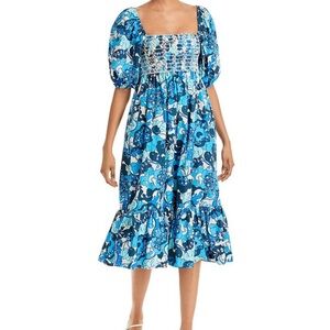 RHODE Blue Floral Puff-Sleeve Midi Dress